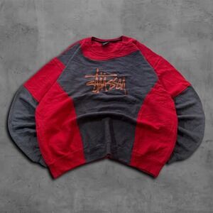 Y2K Oversized Boxy Red Grey Stussy Streetwear Sweater
